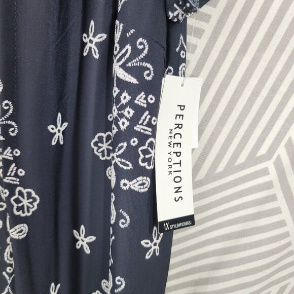 NEW Perceptions Shirt Dress Plus Size 1X Black Floral Midi Stretchy Pleated Top - Picture 4 of 8